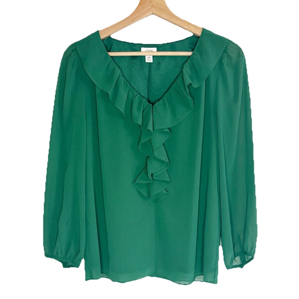 J Crew Chiffon Ruffle Neck 3/4 Sleeves Green Top Sz XS